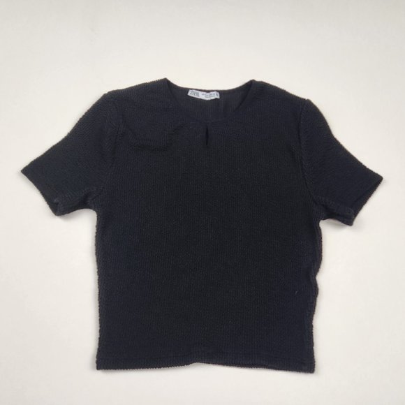 Zara Black Smocked Keyhole Short Sleeve Top sz S - Picture 1 of 6